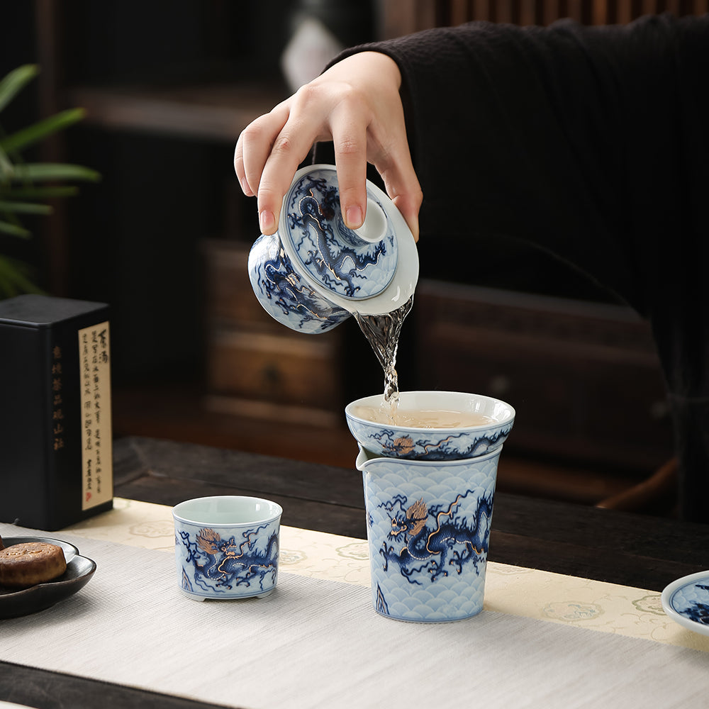 Year of the Dragon Blue-White and Gold Tea Set - Jesse's Teahouse