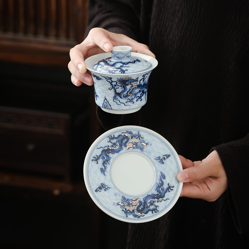 Year of the Dragon Blue-White and Gold Tea Set - Jesse's Teahouse