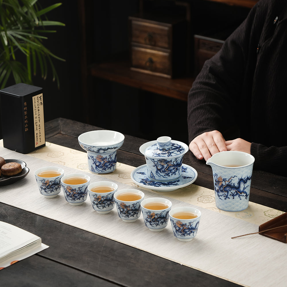 Year of the Dragon Blue-White and Gold Tea Set - Jesse's Teahouse