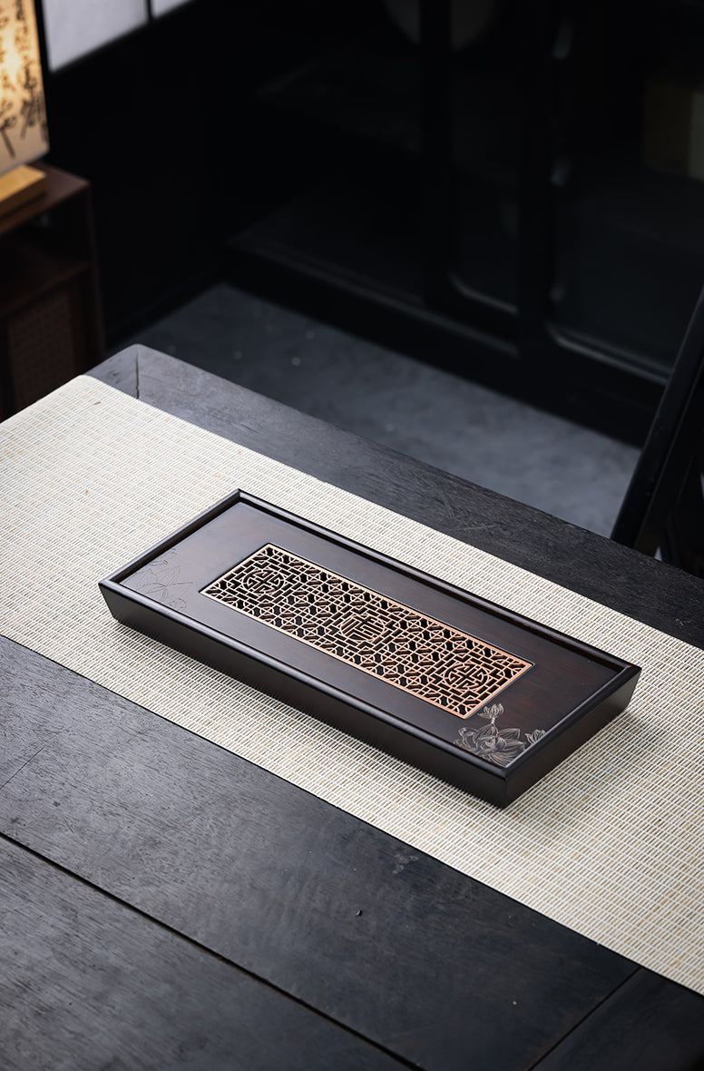 Rectangular "Xi" Happiness Metal-Insert Engraved Bamboo Tea Tray - Jesse's Teahouse