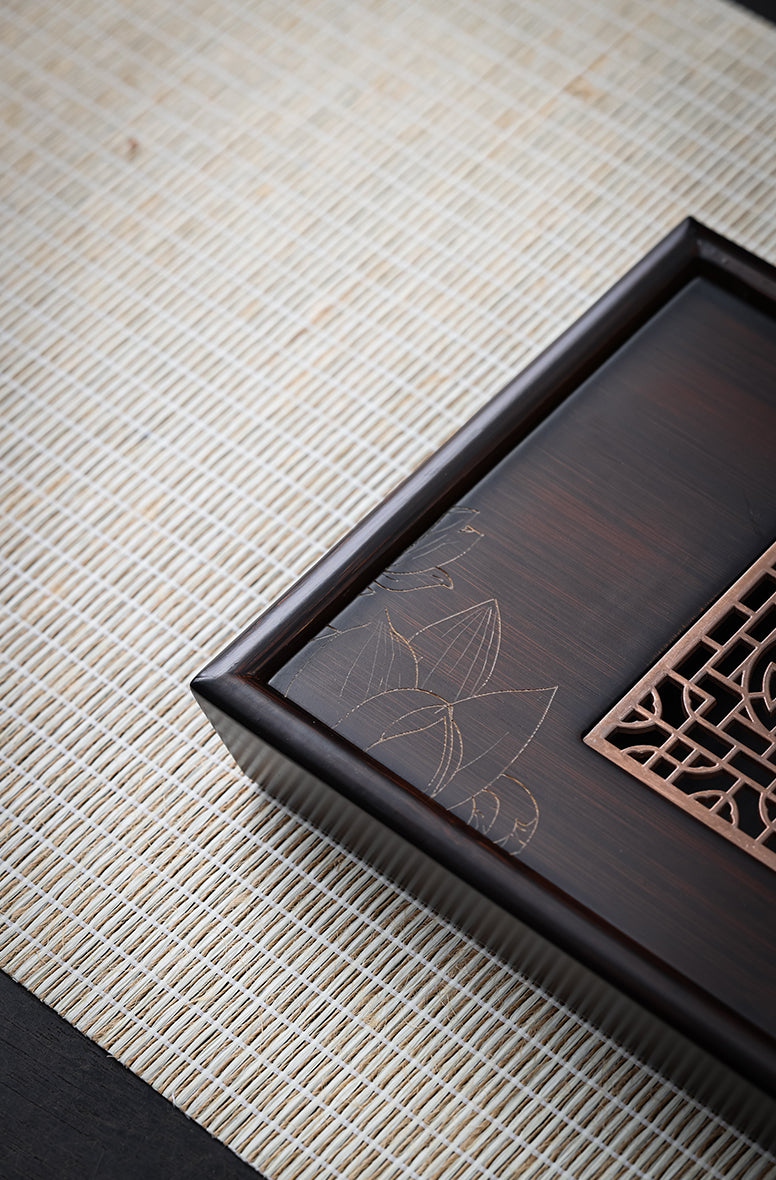 Rectangular "Xi" Happiness Metal-Insert Engraved Bamboo Tea Tray