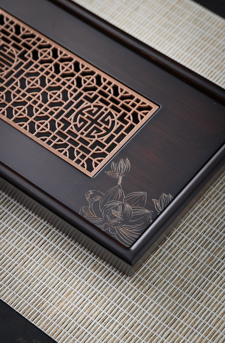 Rectangular "Xi" Happiness Metal-Insert Engraved Bamboo Tea Tray - Jesse's Teahouse