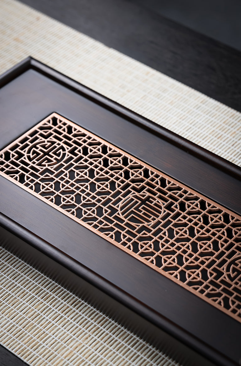 Rectangular "Xi" Happiness Metal-Insert Engraved Bamboo Tea Tray - Jesse's Teahouse