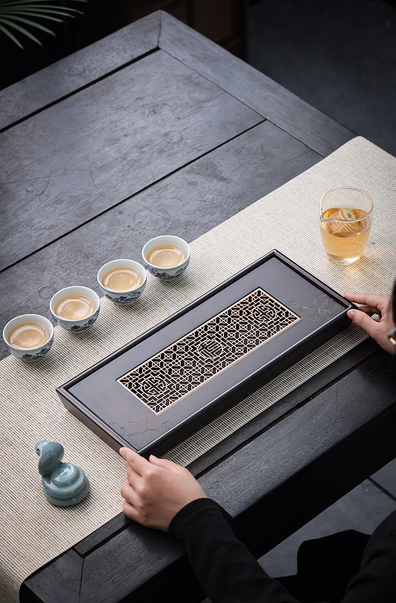 Rectangular "Xi" Happiness Metal-Insert Engraved Bamboo Tea Tray - Jesse's Teahouse